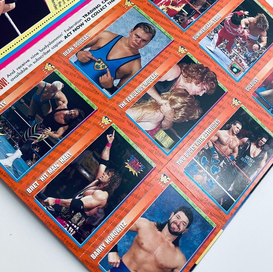 Inside page of the WWF World Wrestling Federation Magazine January 1996, displaying collectible Bobyslammin' Federation Trading Cards with various wrestlers, including Goldust, showcasing significant wrestling history.