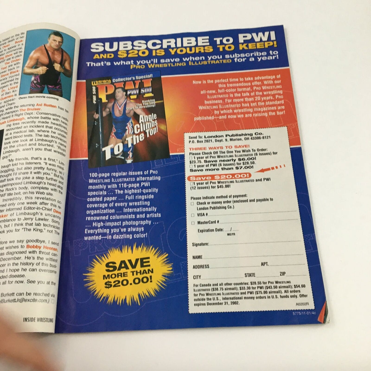 Advertisement page from Inside Wrestling Magazine June 2002, promoting a subscription offer.