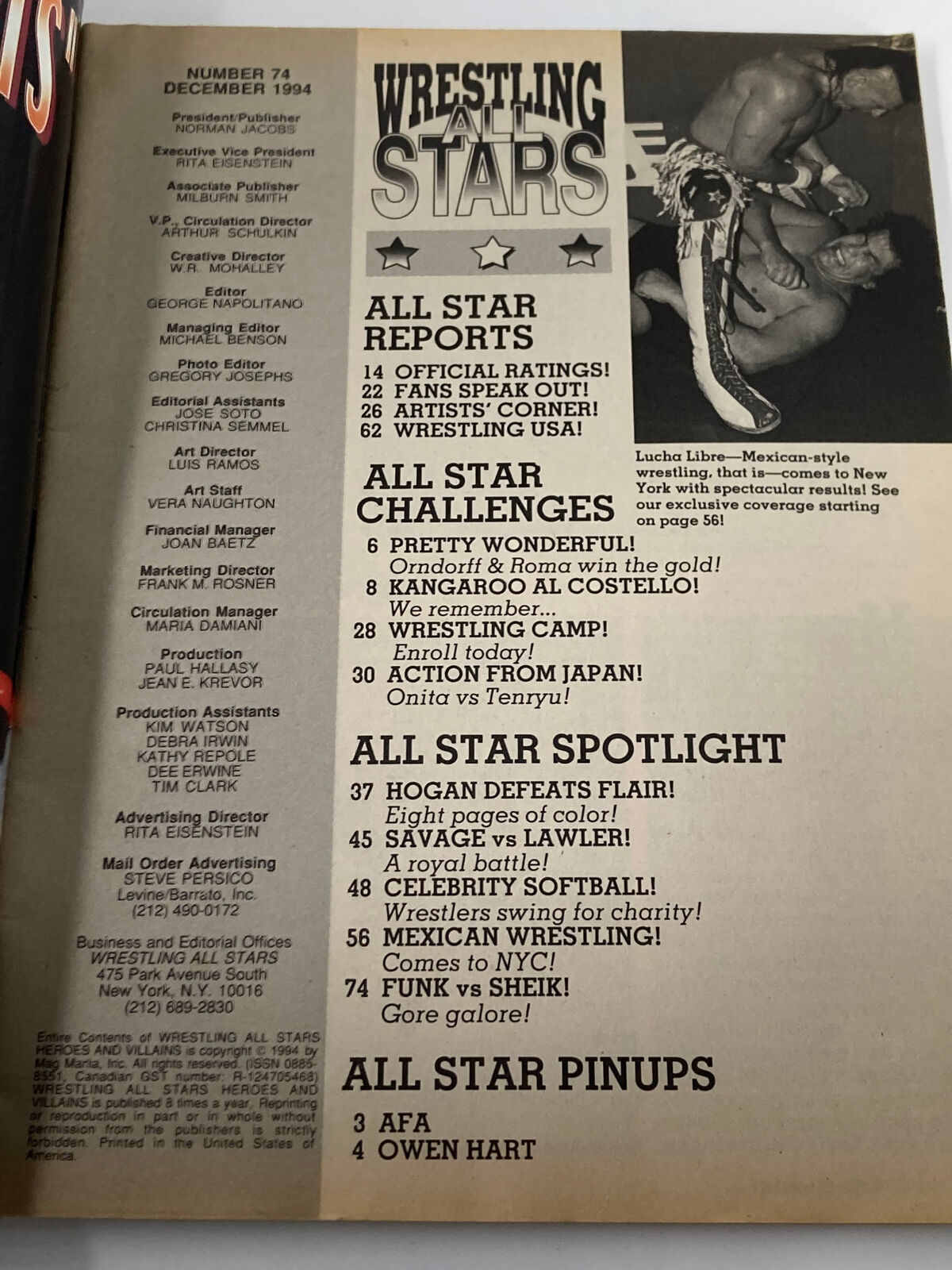 Inside pages of Wrestling All Star Magazine #17 December 1994 displaying contents and features, including articles on Hogan vs. Flair and wrestling events.