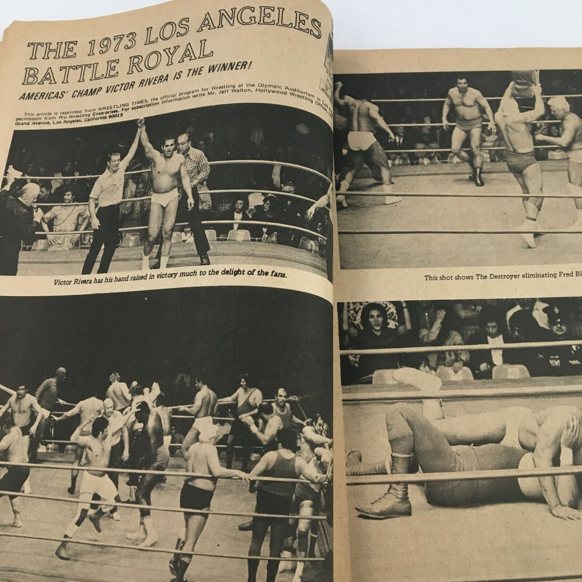 Wrestling Revue Magazine May 1973 article about the 1973 Los Angeles Battle Royal, highlighting Victor Rivera as the winner and the excitement of the event.