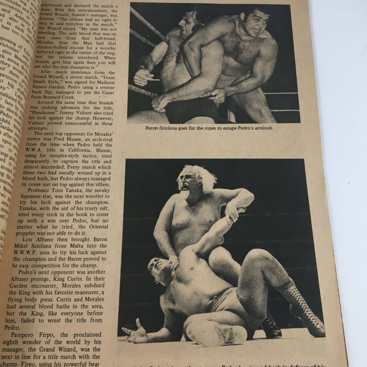 Wrestling Revue Magazine May 1973 featuring a gripping matchup between Baron Scicluna and Pedro Morales, showcasing wrestling techniques and intensity.