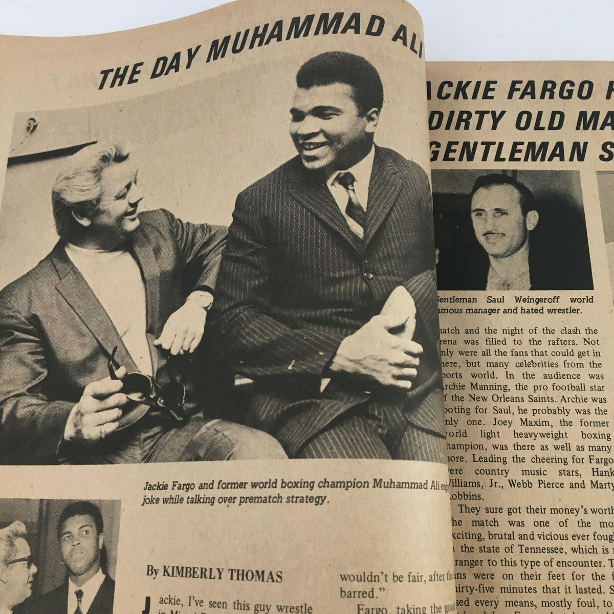 Wrestling Revue Magazine May 1973 featuring a historical moment with Jackie Fargo and former boxing champion Muhammad Ali discussing match strategy.