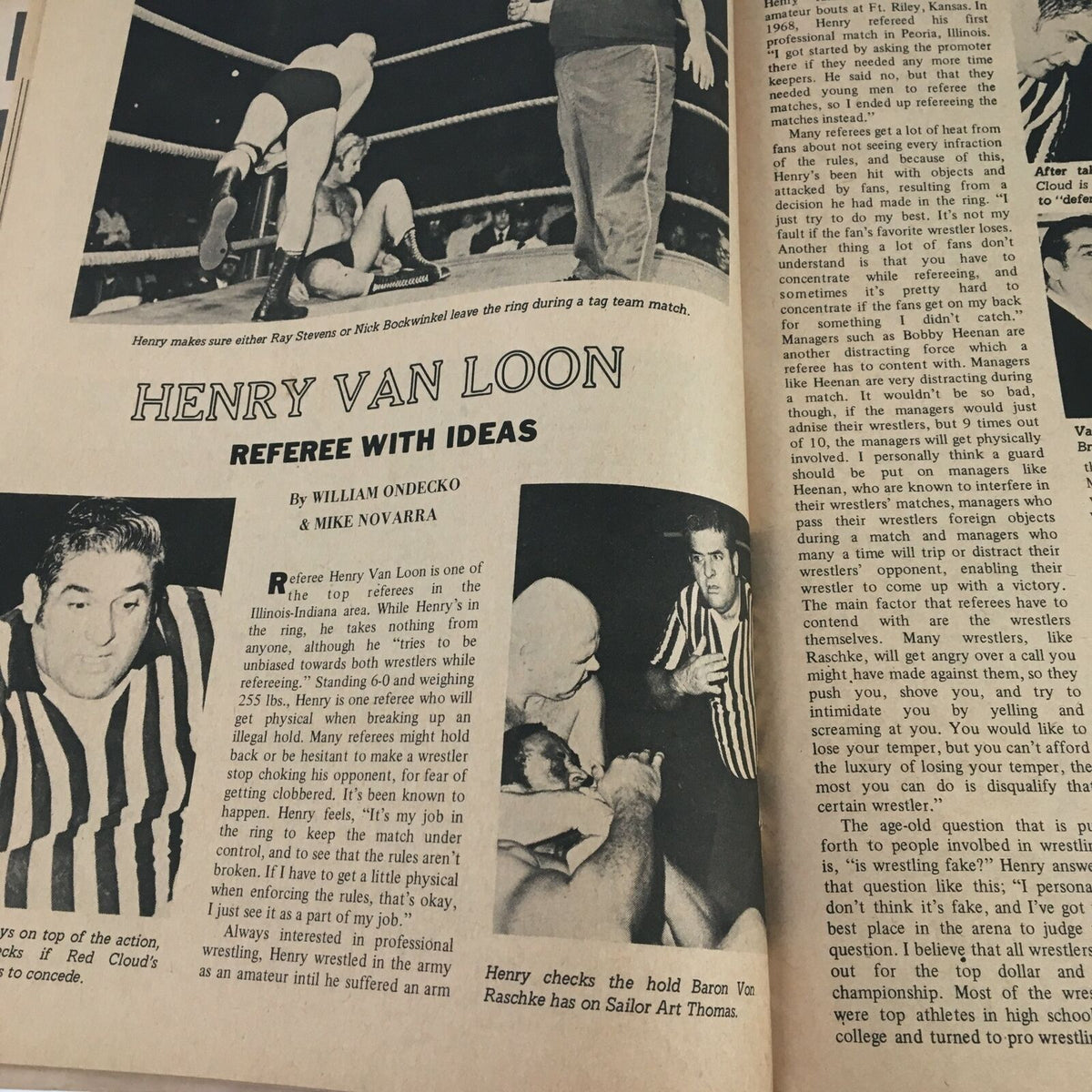 Wrestling Revue Magazine May 1973 showcasing referee Henry Van Loon during a tag team match, highlighting the role of referees in professional wrestling.