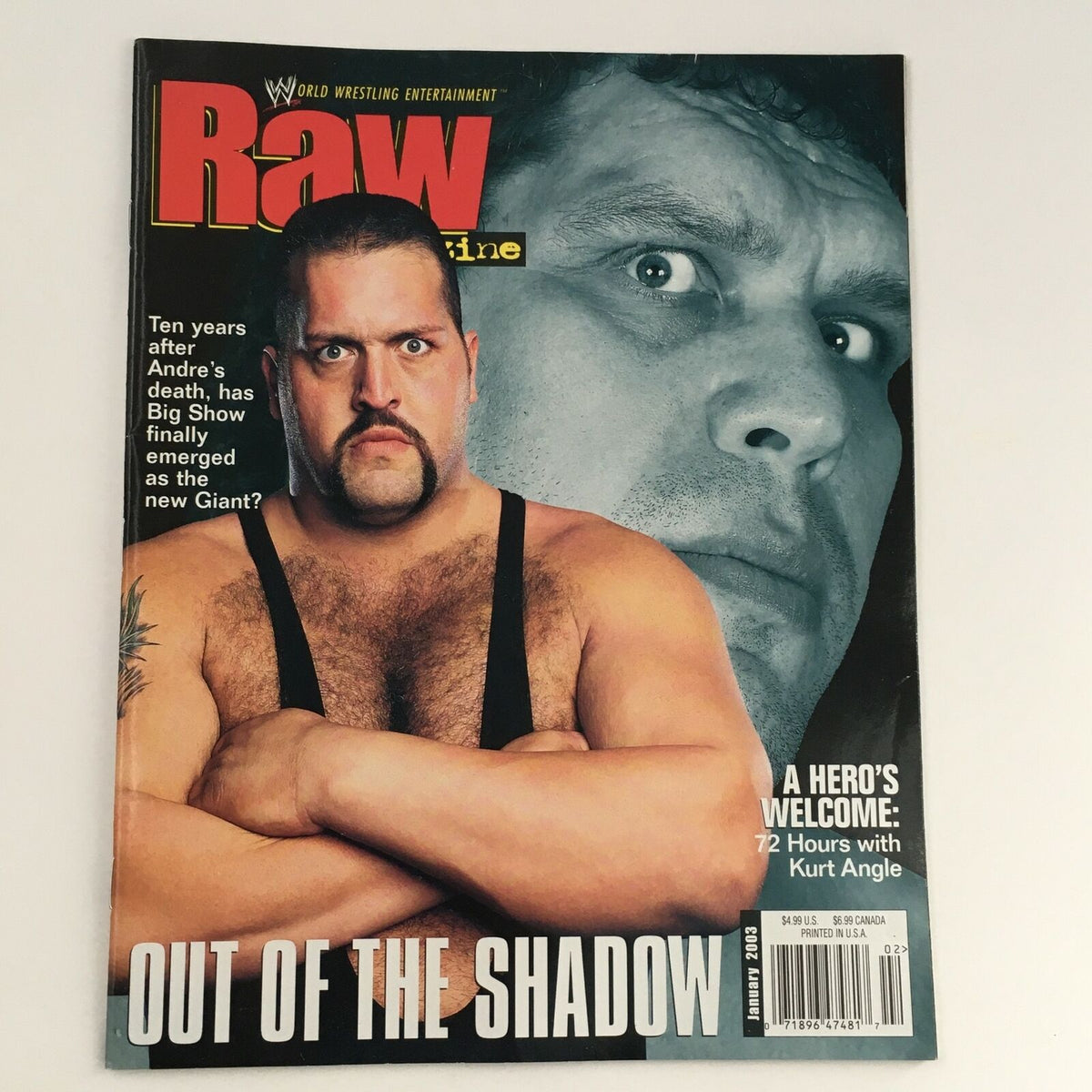 WWE Raw Magazine January 2003 cover featuring The Big Show, emphasizing his presence alongside a visage of Andre The Giant. This vintage collectible magazine discusses the legacy of wrestling giants.