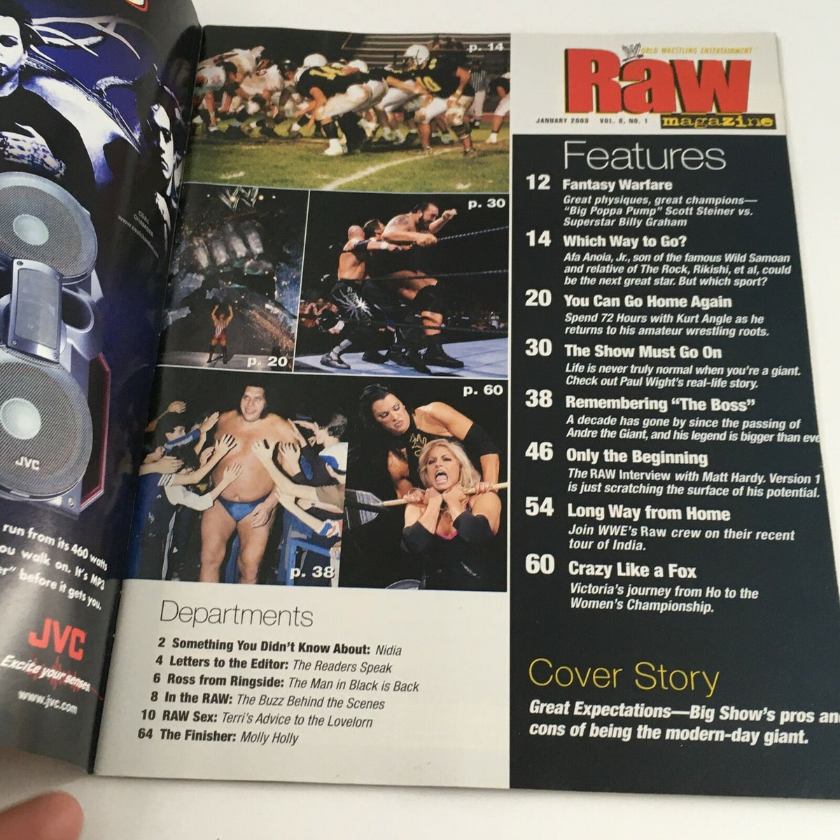 Inside spread of WWE Raw Magazine January 2003 showcasing various wrestling features, including content related to The Big Show and wrestling culture. Perfect for fans and collectors.