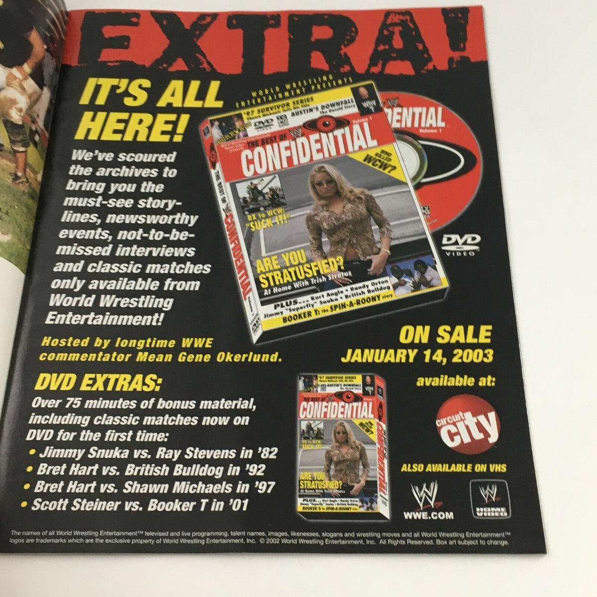 Promotional page from WWE Raw Magazine January 2003 highlighting upcoming stories and features related to wrestling celebrities, with focus on The Big Show's era following Andre The Giant.
