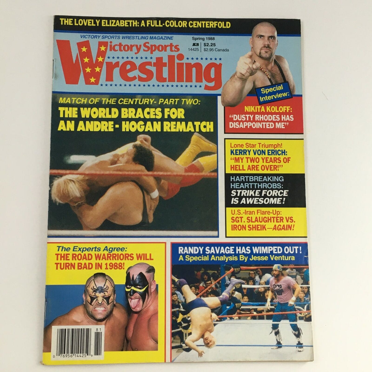 Victory Sports Wrestling Magazine Spring 1988 cover featuring Hulk Hogan and André the Giant with promotional text about upcoming matches and interviews.