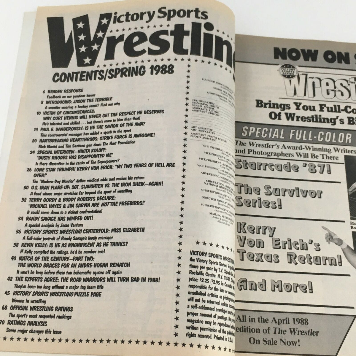 Inside page of Victory Sports Wrestling Magazine Spring 1988 displaying the contents page, listing articles and features on wrestling legends.