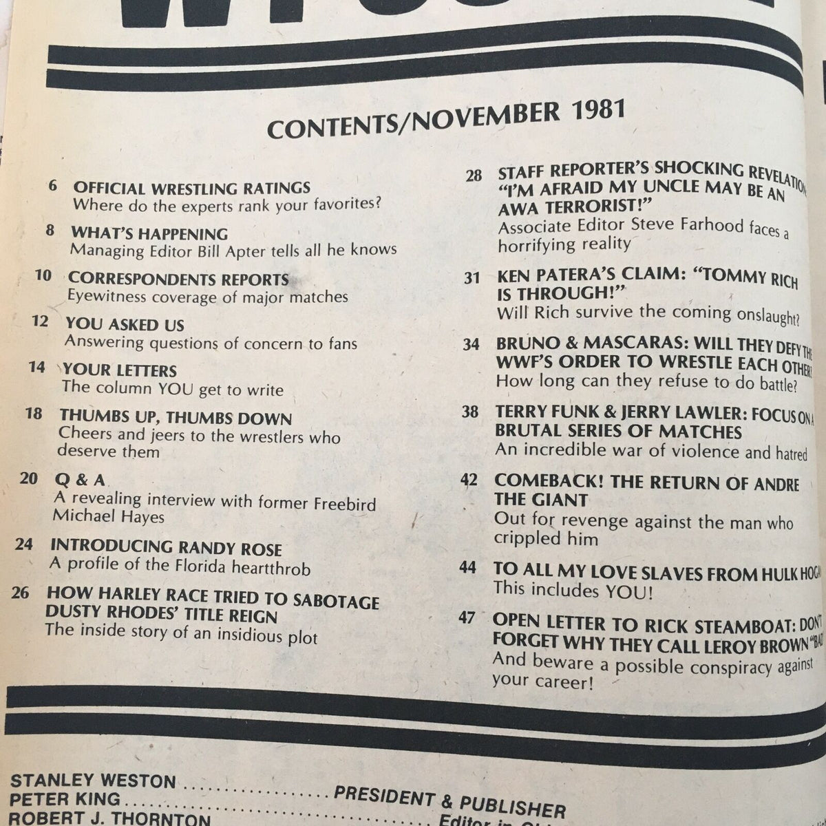 Contents page of The Wrestler Magazine from November 1981, featuring topics like official wrestling ratings and articles on Ken Patera, Andre the Giant, and other wrestling legends.
