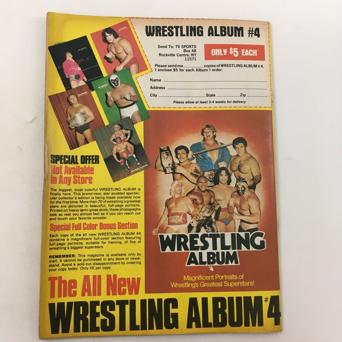 Back cover of The Wrestler Magazine November 1981 highlighting an offer for Wrestling Album #4 with portraits of various wrestling superstars.