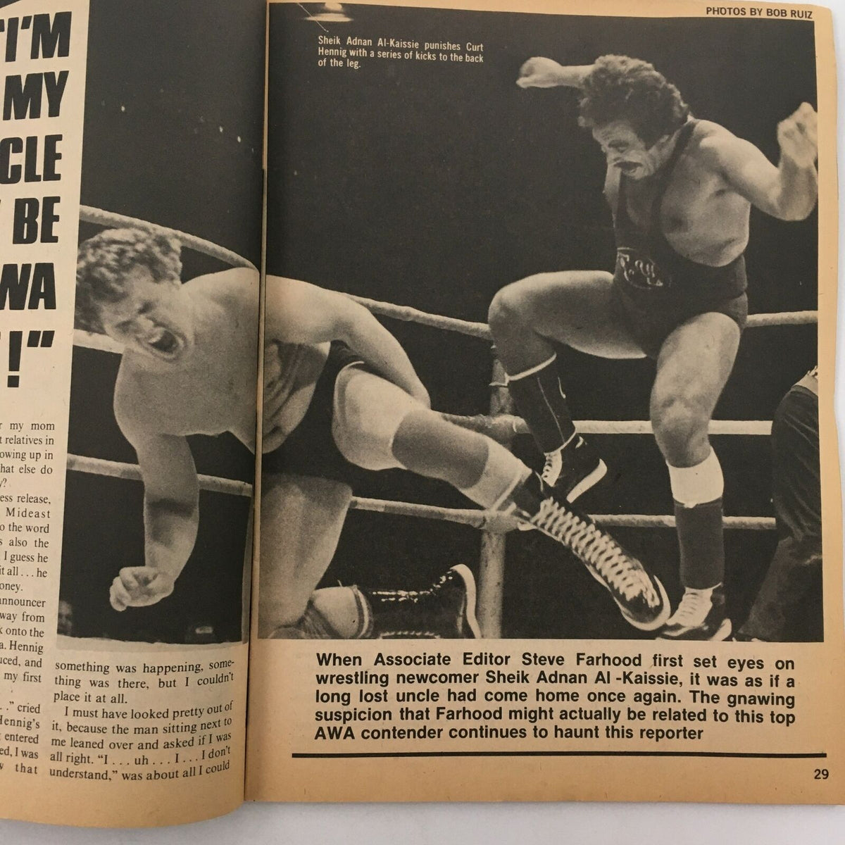 Inside page of The Wrestler Magazine November 1981 showcasing a match photo of Sheik Adnan Al-Kaissie and Curt Henning, capturing a dramatic wrestling moment.