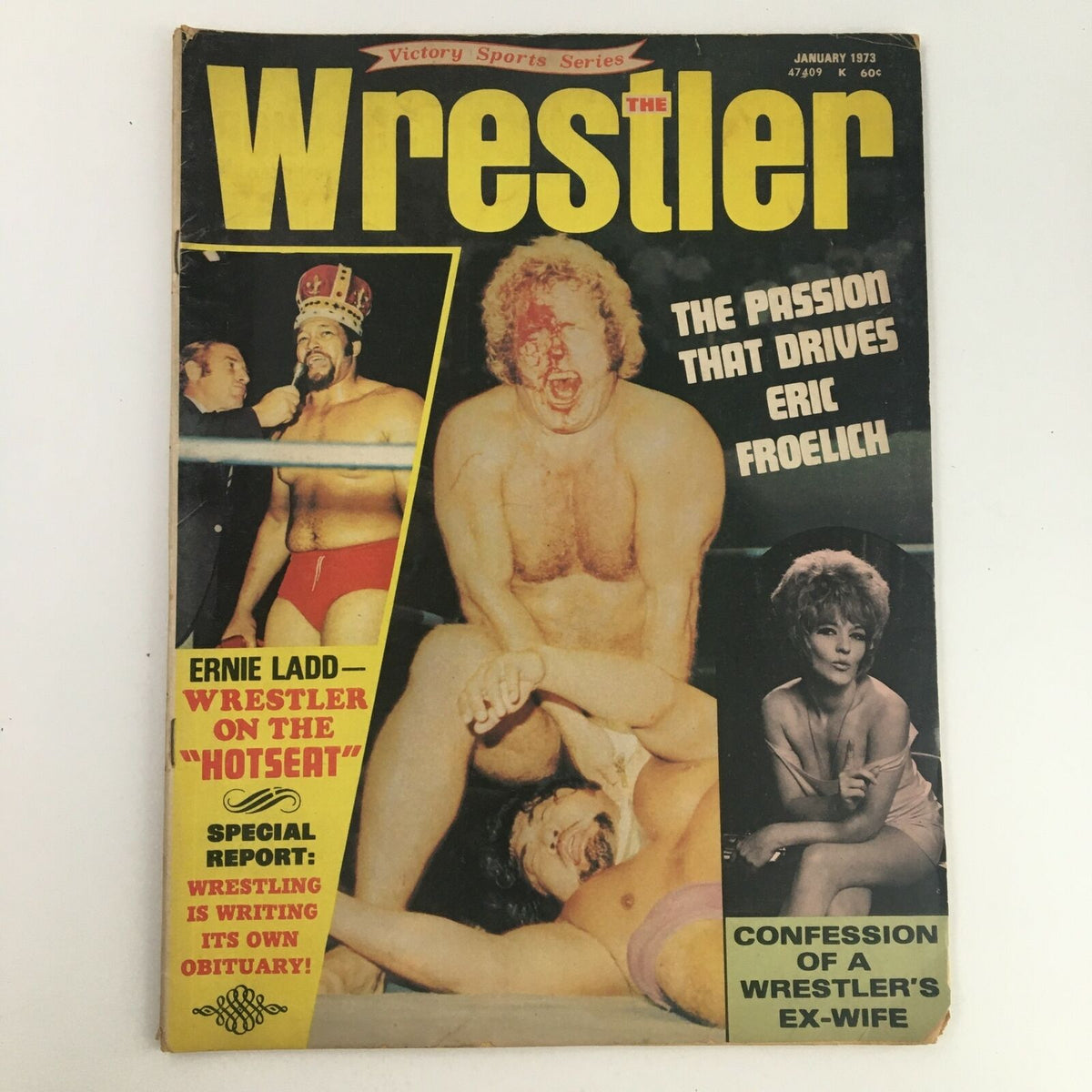 Cover of The Wrestler Magazine January 1973 featuring Eric Froelich and Ernie Ladd with highlights on wrestling content.
