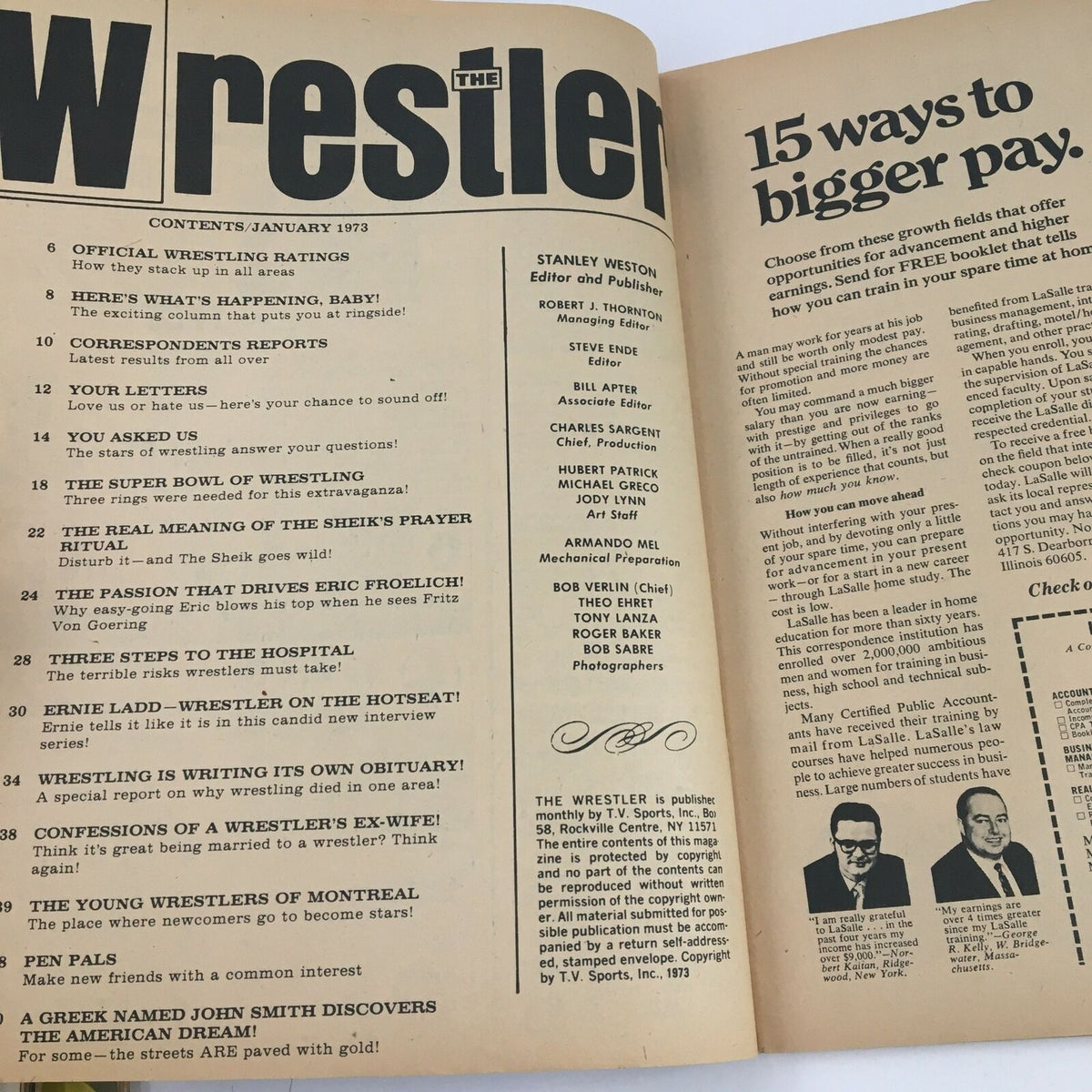 Inside page of The Wrestler Magazine January 1973 displaying the table of contents and article highlights.