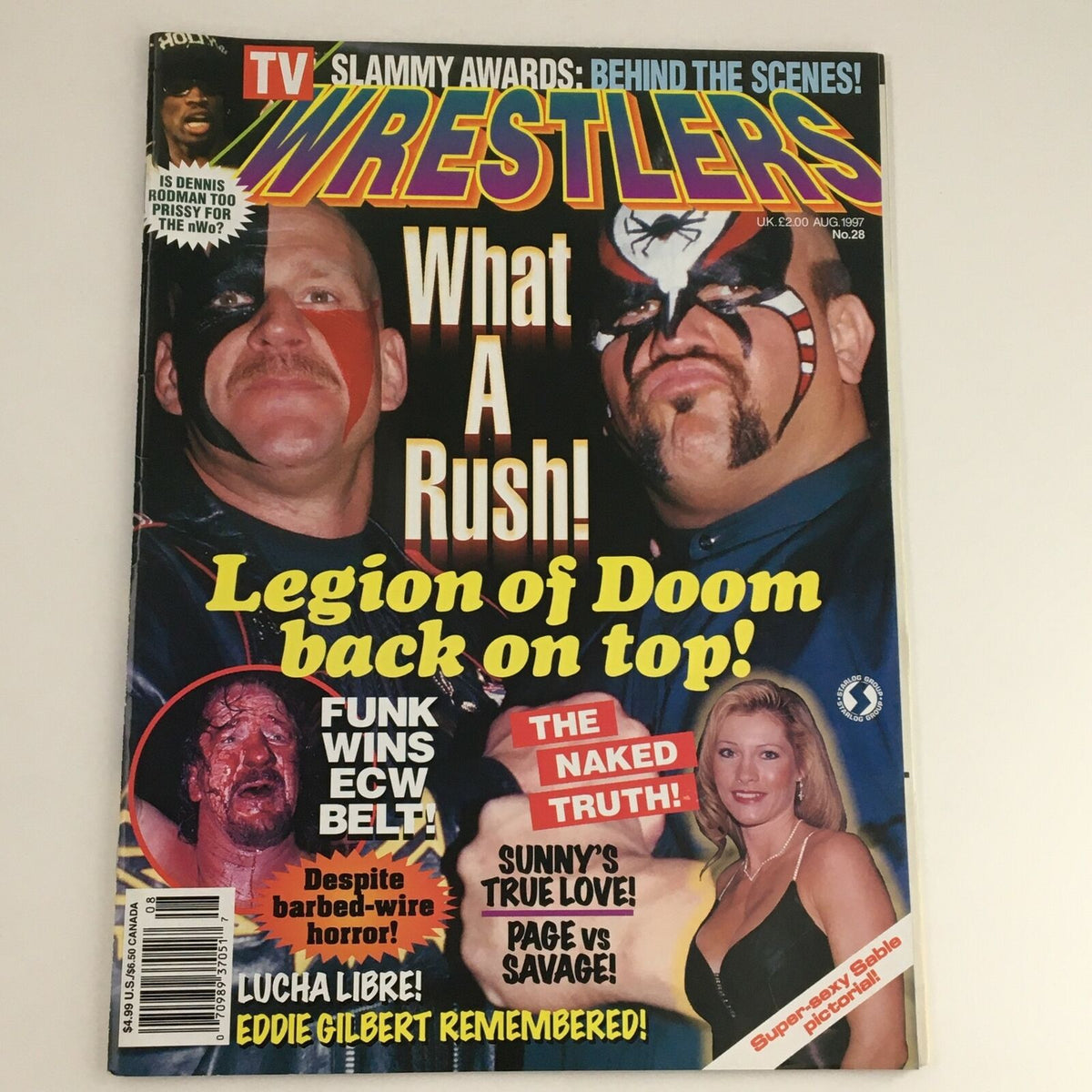 TV Wrestlers August 1997 #28 magazine cover featuring Reggie White and Eddie Gilbert, showcasing wrestling pop culture history with vibrant headlines and imagery.