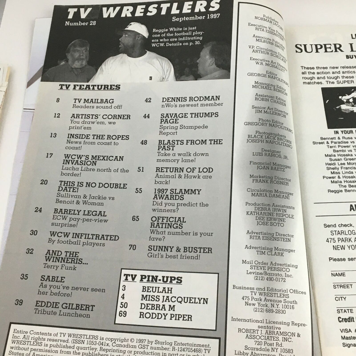 TV Wrestlers August 1997 #28 magazine featuring Reggie White and Eddie Gilbert, showcasing wrestling features and pin-ups inside.