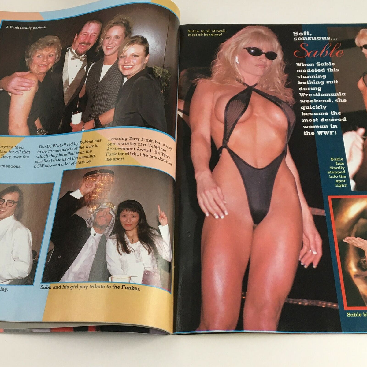 Inside spread from TV Wrestlers August 1997 #28, focusing on Sable, highlighting her modeling during Wrestlemania weekend and her prominence in wrestling.