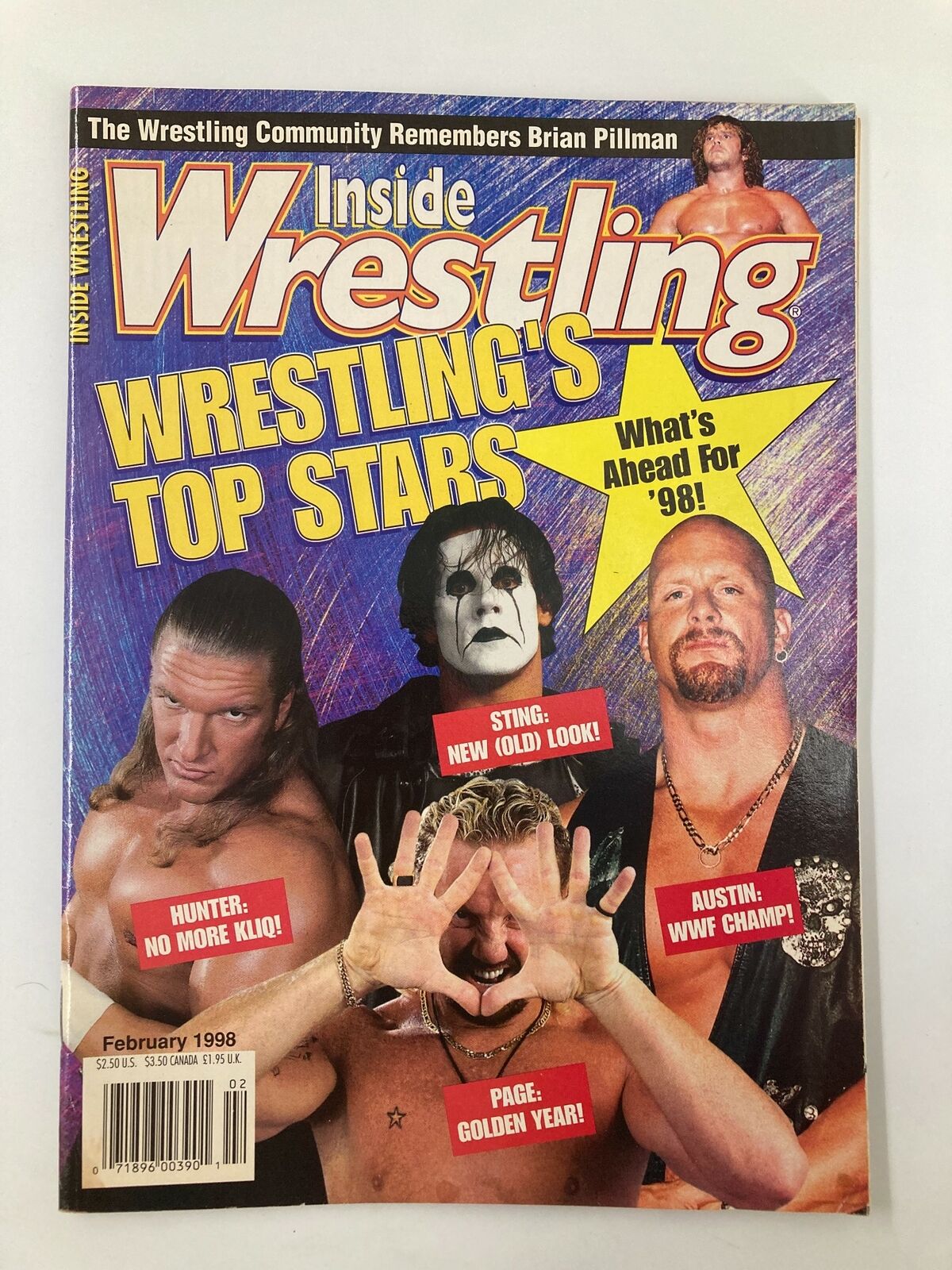 Cover of Inside Wrestling Magazine February 1998 featuring iconic wrestlers Sting, Steve Austin, and Triple H, highlighting top wrestling stars and upcoming events.