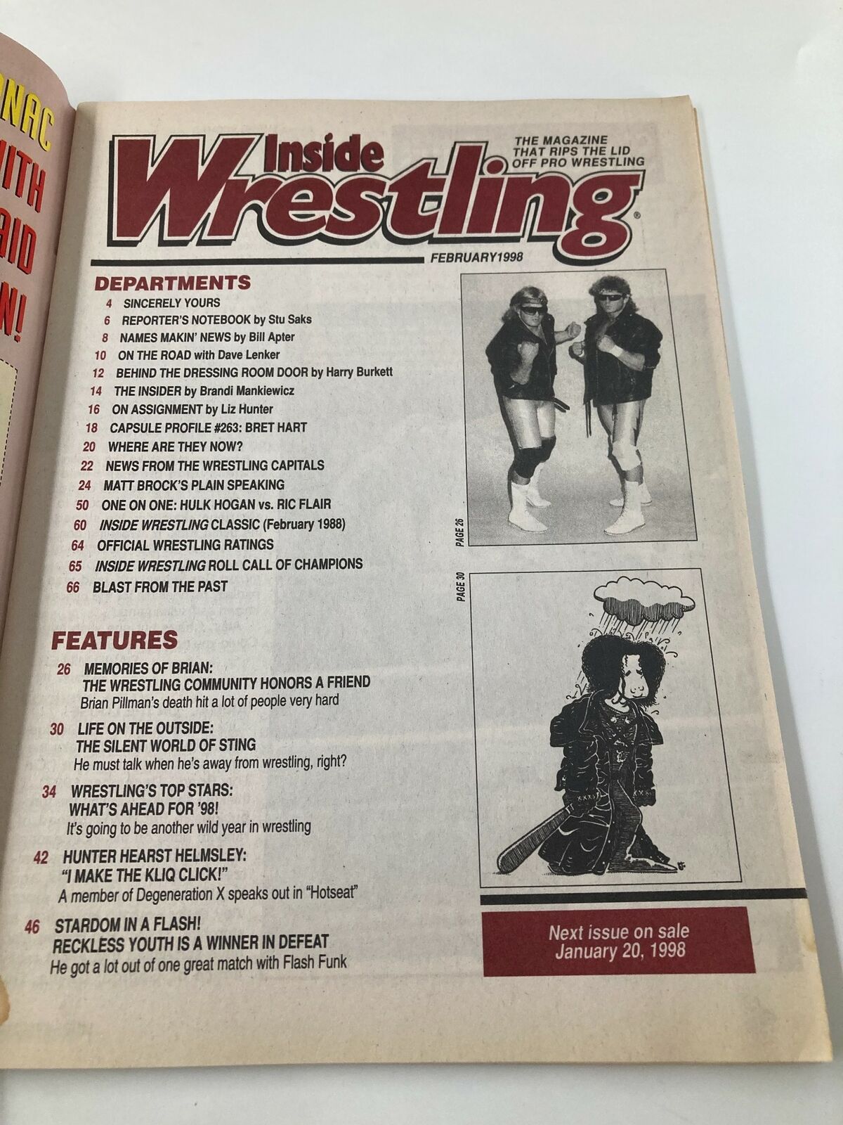 Inside page of Inside Wrestling Magazine February 1998 showcasing the contents and features including articles on Brian Pillman, wrestling stars, and interviews.