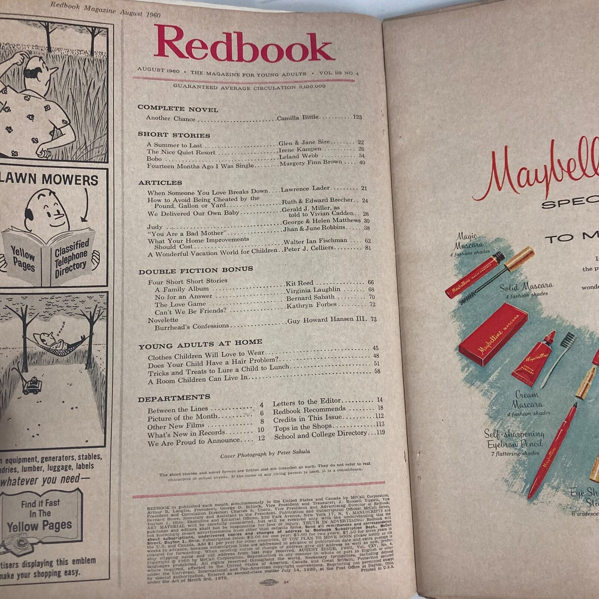 Interior pages of Vintage Redbook Magazine August 1960 Vol 115 No. 4, displaying the table of contents and advertisements from the era.