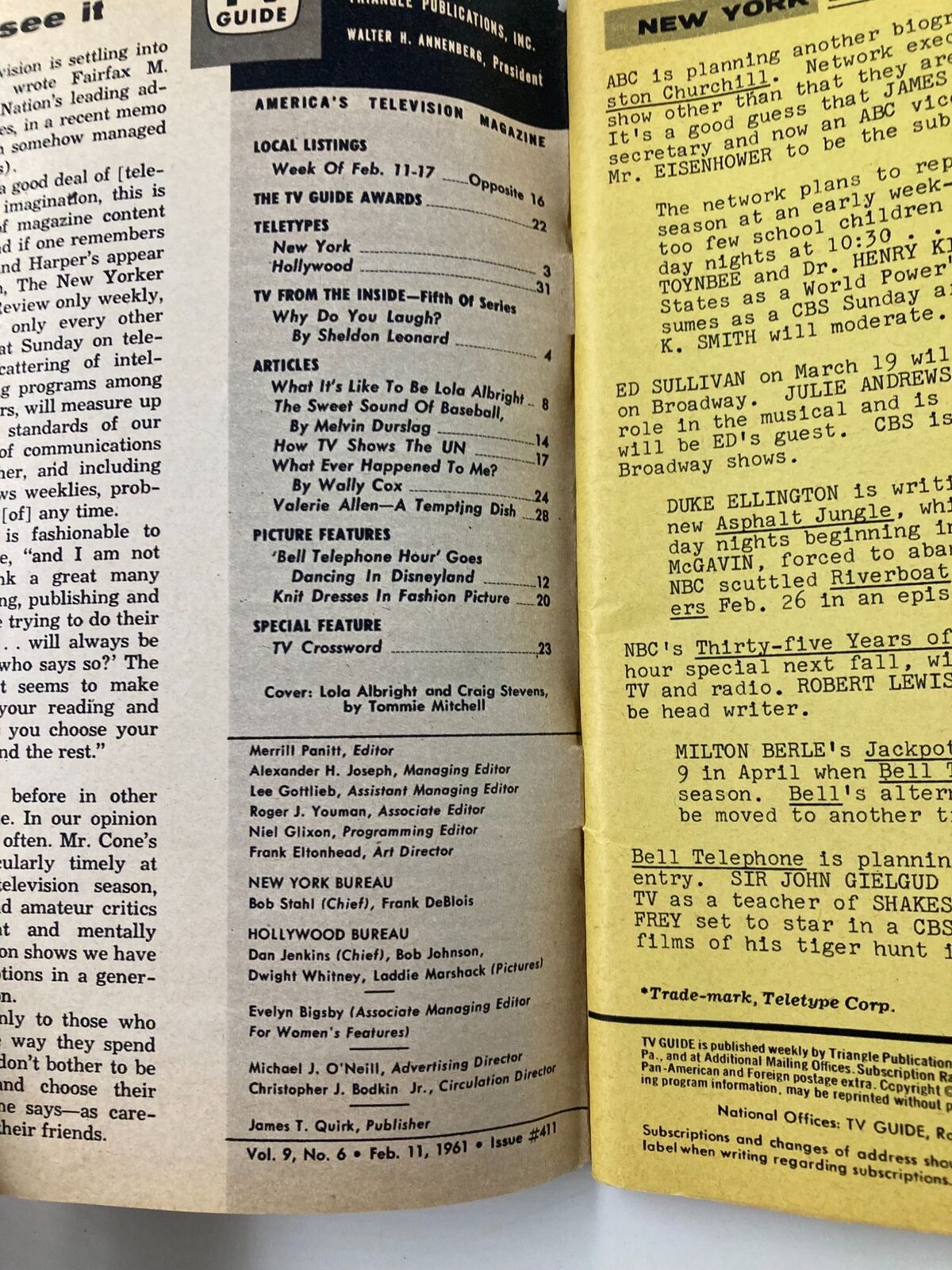 Interior page from TV Guide Magazine February 11 1961 featuring articles and features, including content on Lola Albright.