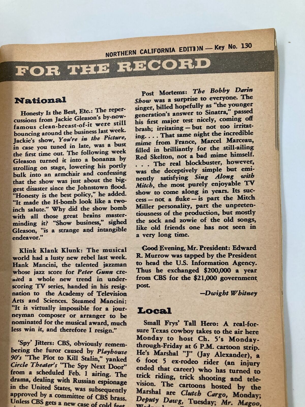 Another interior page from TV Guide Magazine February 11 1961 highlighting National and Local television news, with references to popular shows.