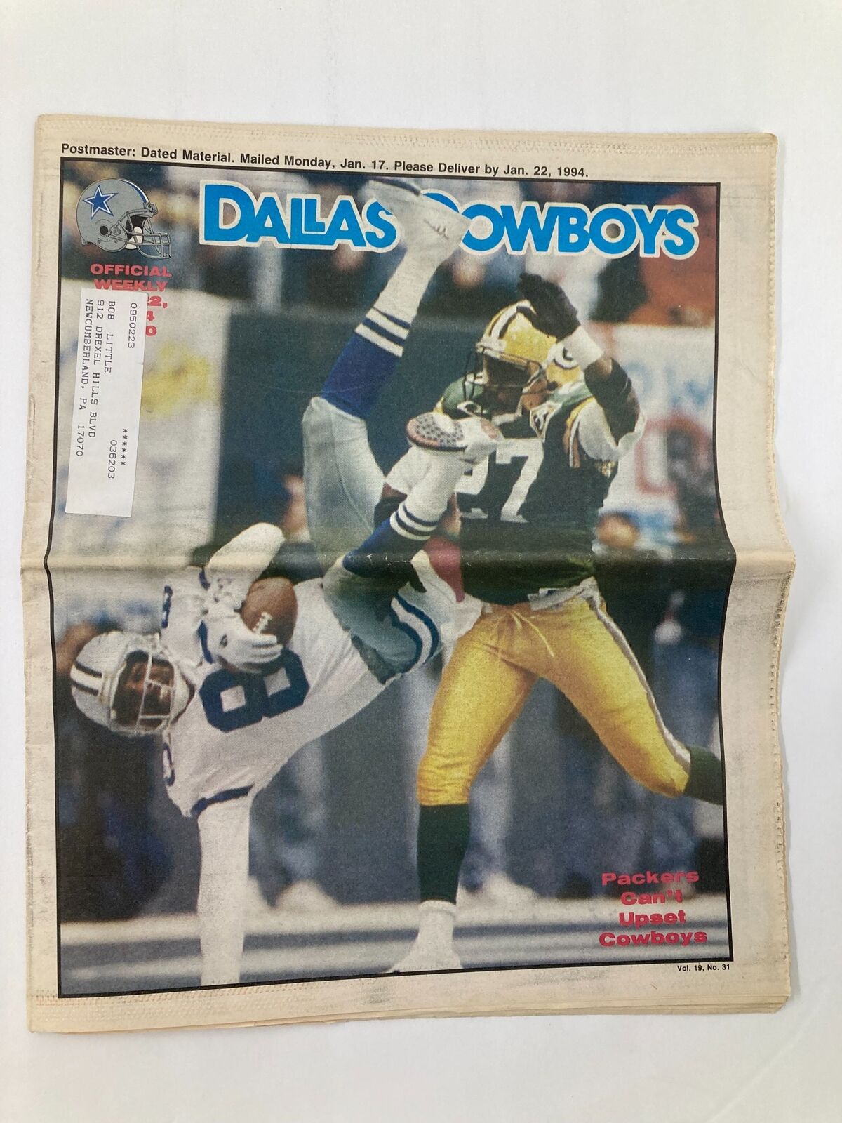 Dallas Cowboys Weekly Newspaper January 22 1994 Vol 19 #31 featuring Alvin Harper on the cover, showcasing an action shot with a player in uniform during a football game.