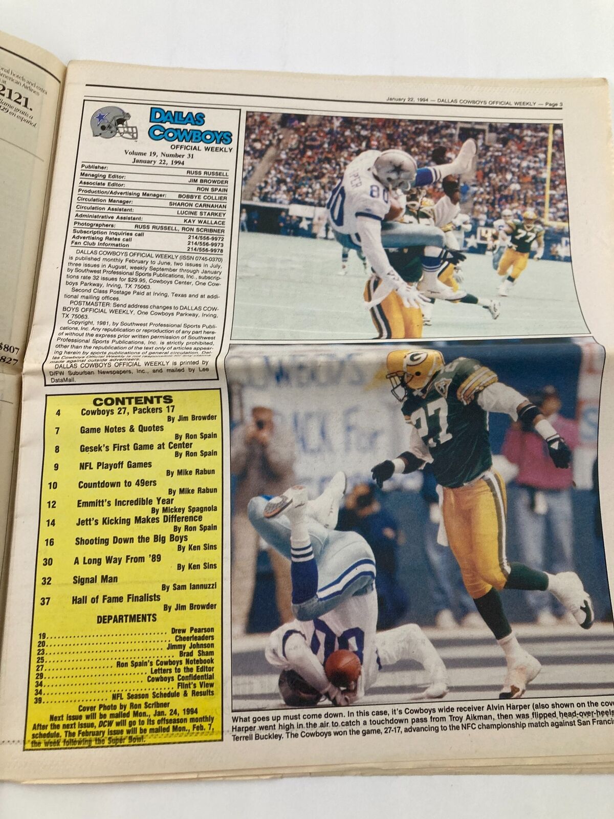 Dallas Cowboys Weekly Newspaper January 22 1994 Vol 19 #31 featuring two game action photos, including Alvin Harper, showcasing the excitement of the Dallas Cowboys football game.