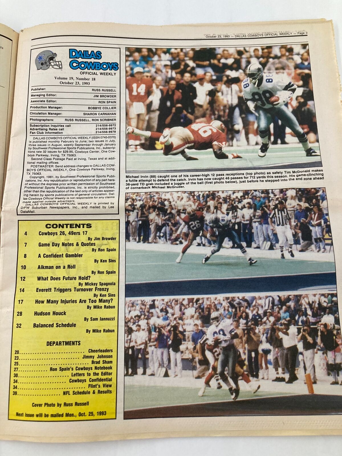 Inside page of the Dallas Cowboys Weekly Newspaper, October 23, 1993, Vol 19 #18, showcasing articles and photos related to the week's game against the 49ers.