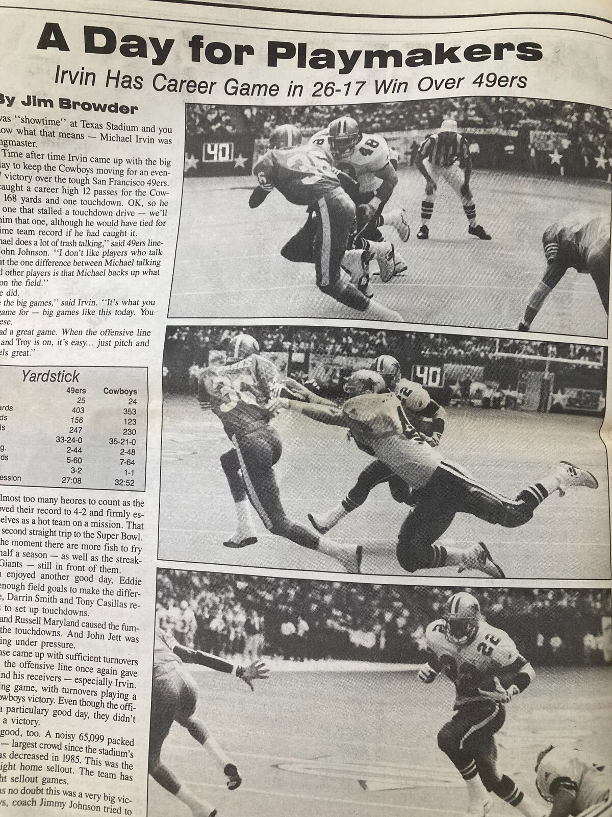 Article page from the Dallas Cowboys Weekly Newspaper, October 23, 1993, Vol 19 #18. This page features player highlights and action shots from the game, including Michael Irvin's performance.