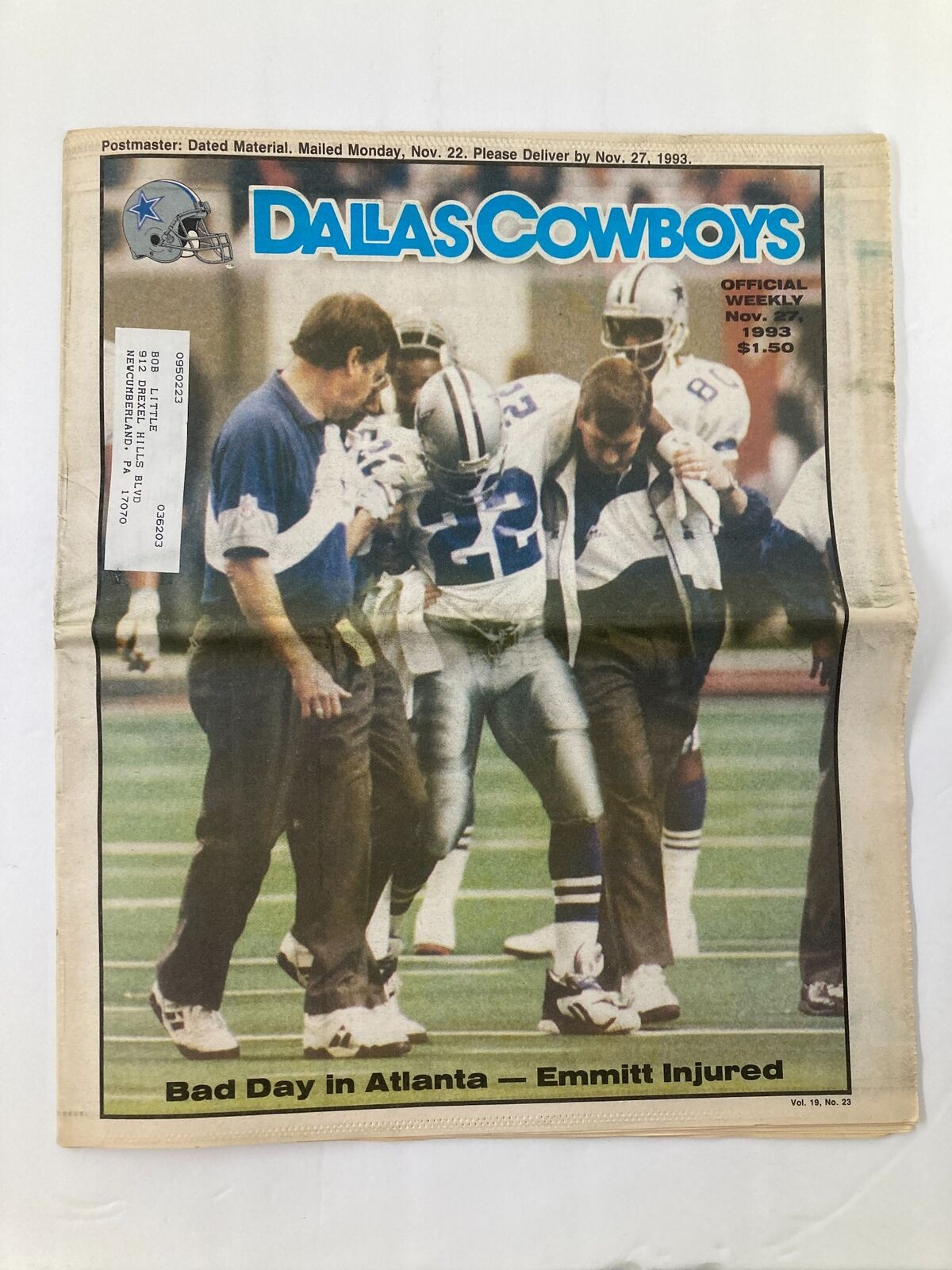Dallas Cowboys Weekly Newspaper cover from November 27, 1993, featuring the headline about Emmitt Smith's injury during a game in Atlanta.