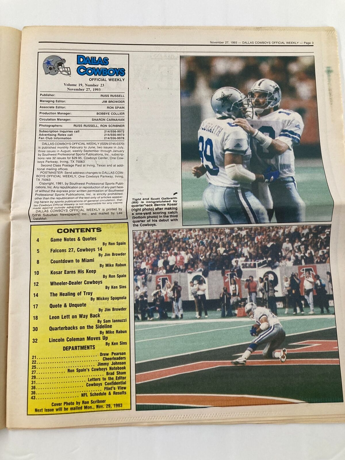 Inside page of the Dallas Cowboys Weekly Newspaper from November 27, 1993, showcasing game statistics and player highlights.