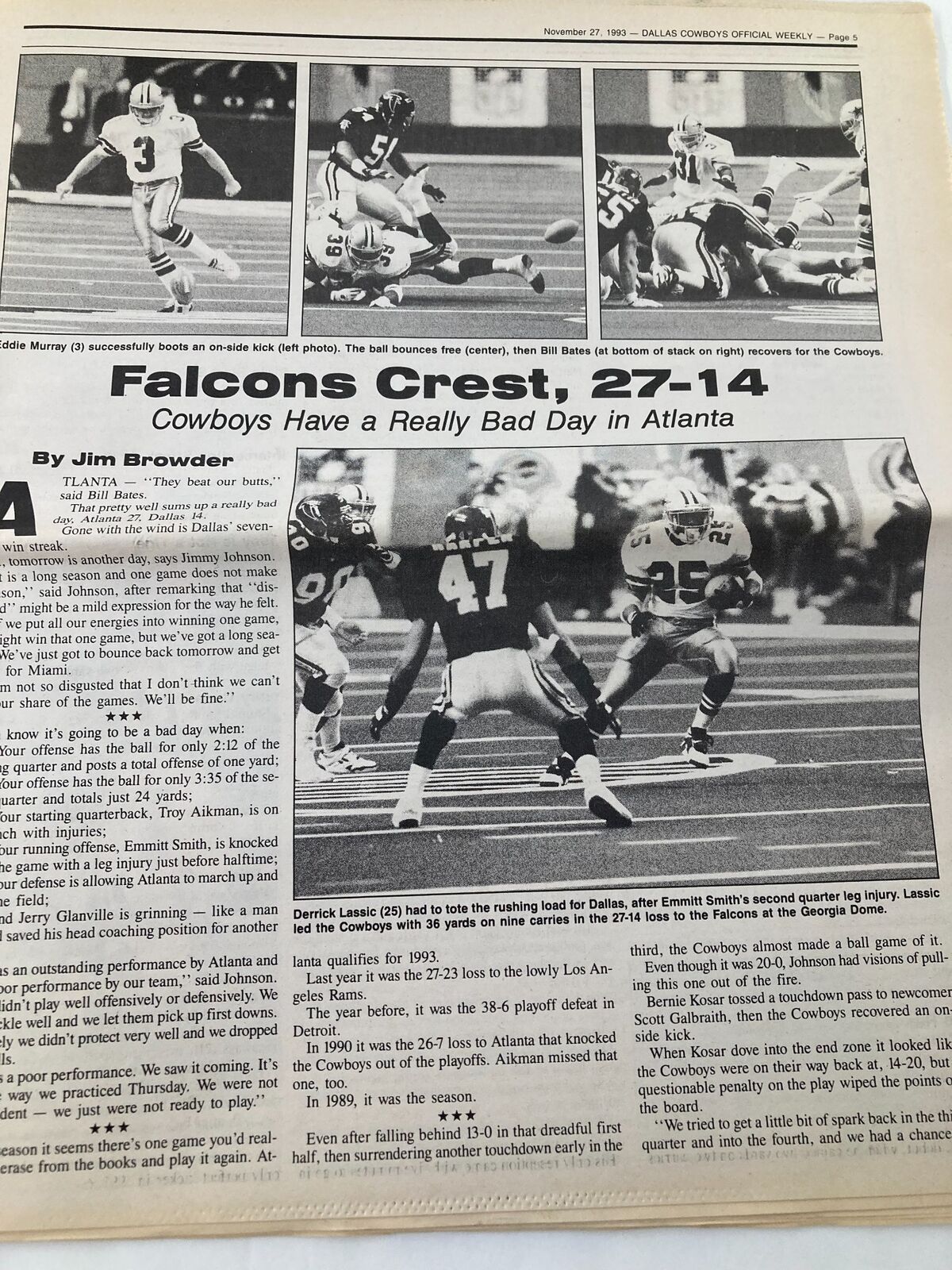 Article titled 'Falcons Crest, 27-14' from the Dallas Cowboys Weekly Newspaper, detailing the game outcome and Emmitt Smith's injury.
