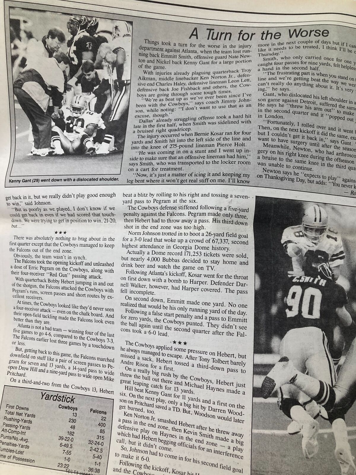 Dallas Cowboys Weekly Newspaper November 27 1993 Vol 19 #23 Emmitt Smith Injured, featuring images of Dallas Cowboys players in action during an NFL game.