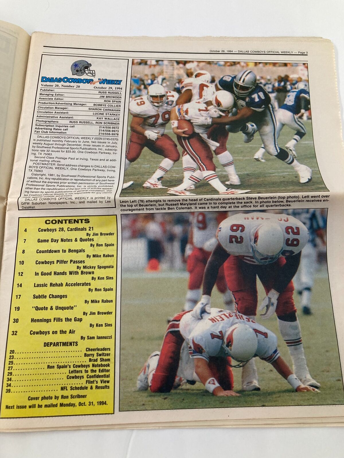 Dallas Cowboys Weekly Newspaper October 29 1994 Vol 20 #20 Michael Irvin showing game highlights with players tackling each other on the field.