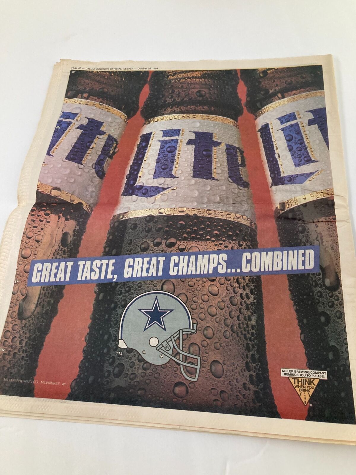 Dallas Cowboys Weekly Newspaper October 29 1994 Vol 20 #20 Michael Irvin showcasing a vintage advertisement with the Dallas Cowboys logo and beer branding, emphasizing the team's spirit.