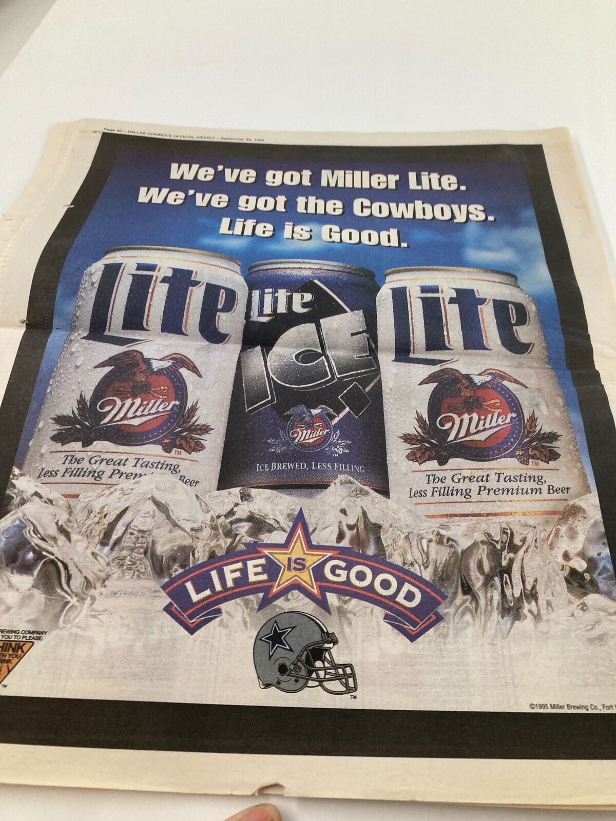 Dallas Cowboys Weekly Newspaper September 30 1995 Vol 21 #16 featuring a vintage Miller Lite advertisement celebrating the Cowboys, emphasizing the slogan 'Life is Good' with images of Miller Lite cans.