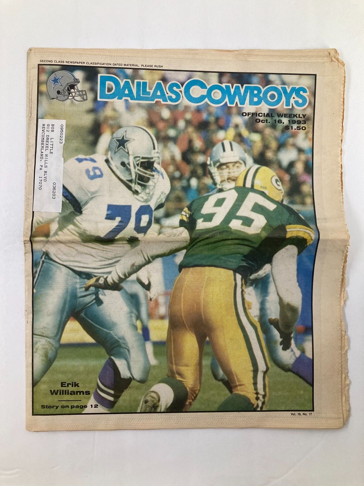 Cover image of Dallas Cowboys Weekly Newspaper, October 16, 1993, Vol 19 #17 showcasing Erik Williams playing against the Green Bay Packers.
