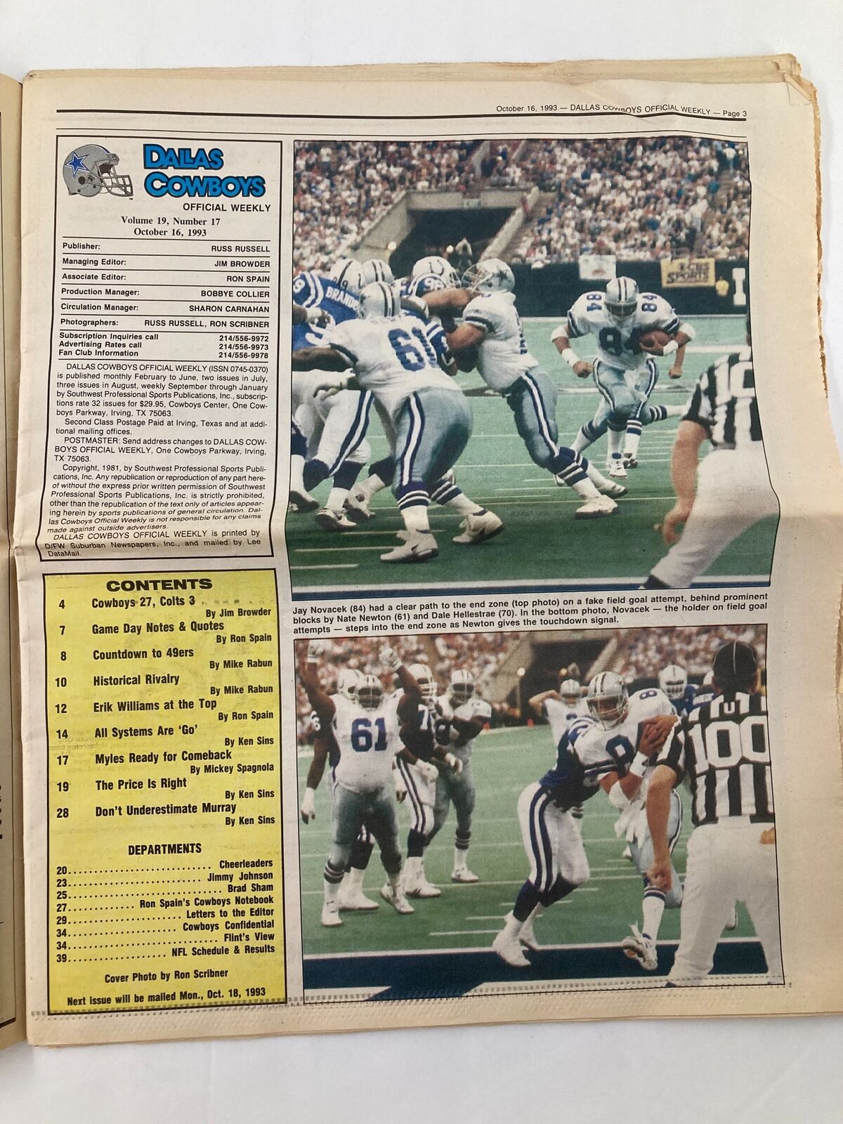 Inside page of Dallas Cowboys Weekly Newspaper, October 16, 1993, featuring game highlights and photography from the Cowboys vs. Colts match.