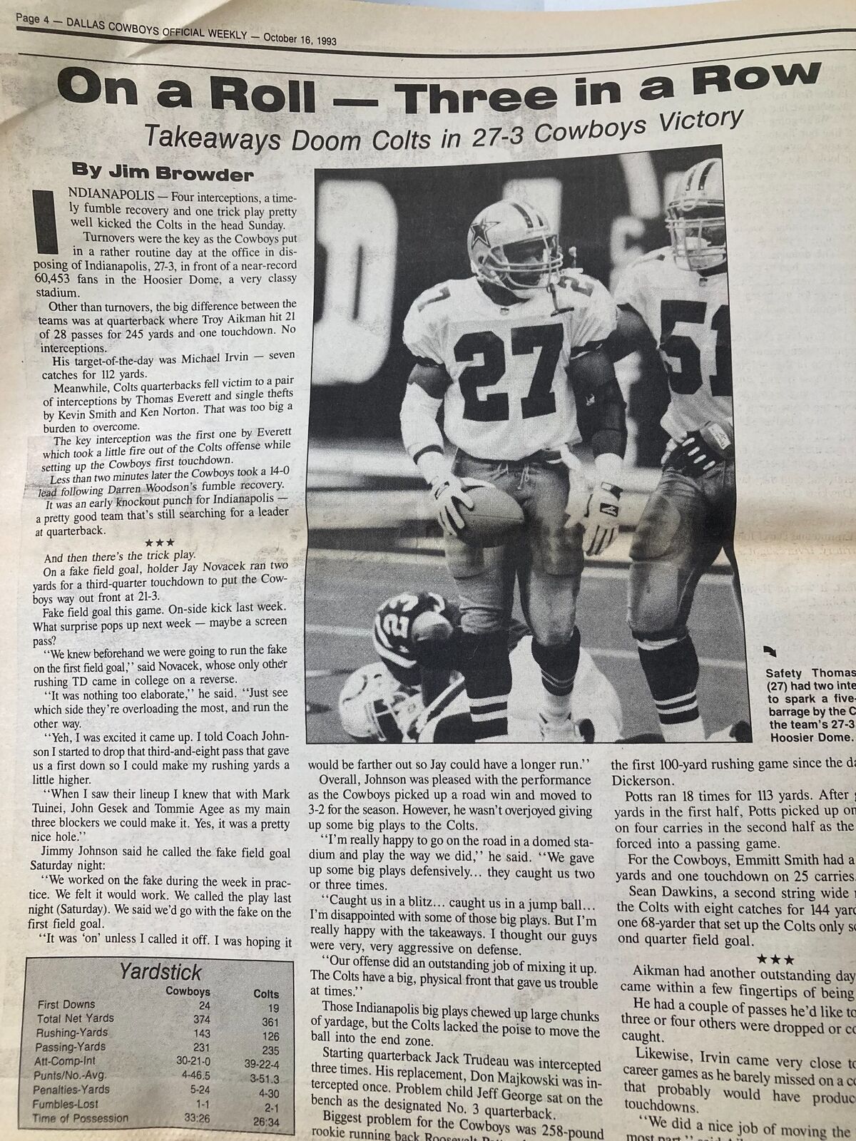 Article titled 'On a Roll - Three in a Row,' from the Dallas Cowboys Weekly Newspaper, October 16, 1993, detailing the team's recent victories and game analysis.