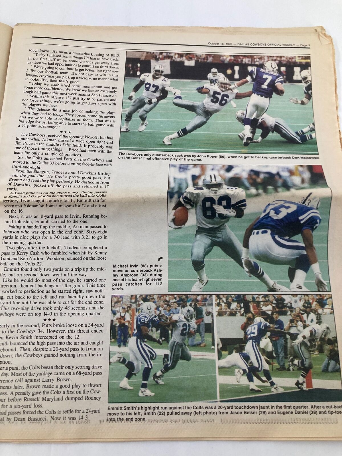 Page from the Dallas Cowboys Weekly Newspaper October 16 1993 Vol 19 #17 showcasing images of key players, including Michael Irvin and Emmitt Smith, during the game against the Colts.