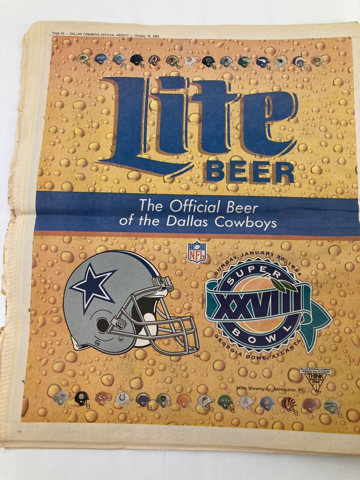 Duplicated advertisement page from the Dallas Cowboys Weekly Newspaper October 16 1993 Vol 19 #17 highlighting Lite Beer as the official beer sponsor of the Dallas Cowboys.