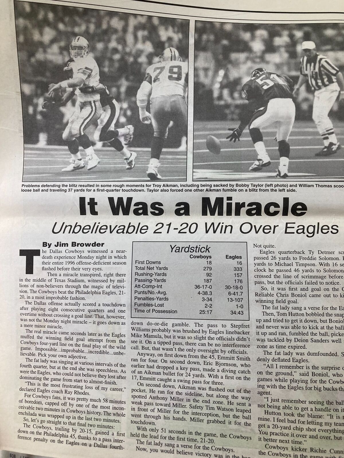 Dallas Cowboys Weekly Newspaper September 20 1997 Vol 23 #15 featuring an article by Jim Browder titled 'It Was a Miracle' covering the Dallas Cowboys' unbelievable 21-20 win over the Eagles, showcasing game performance statistics and highlights.