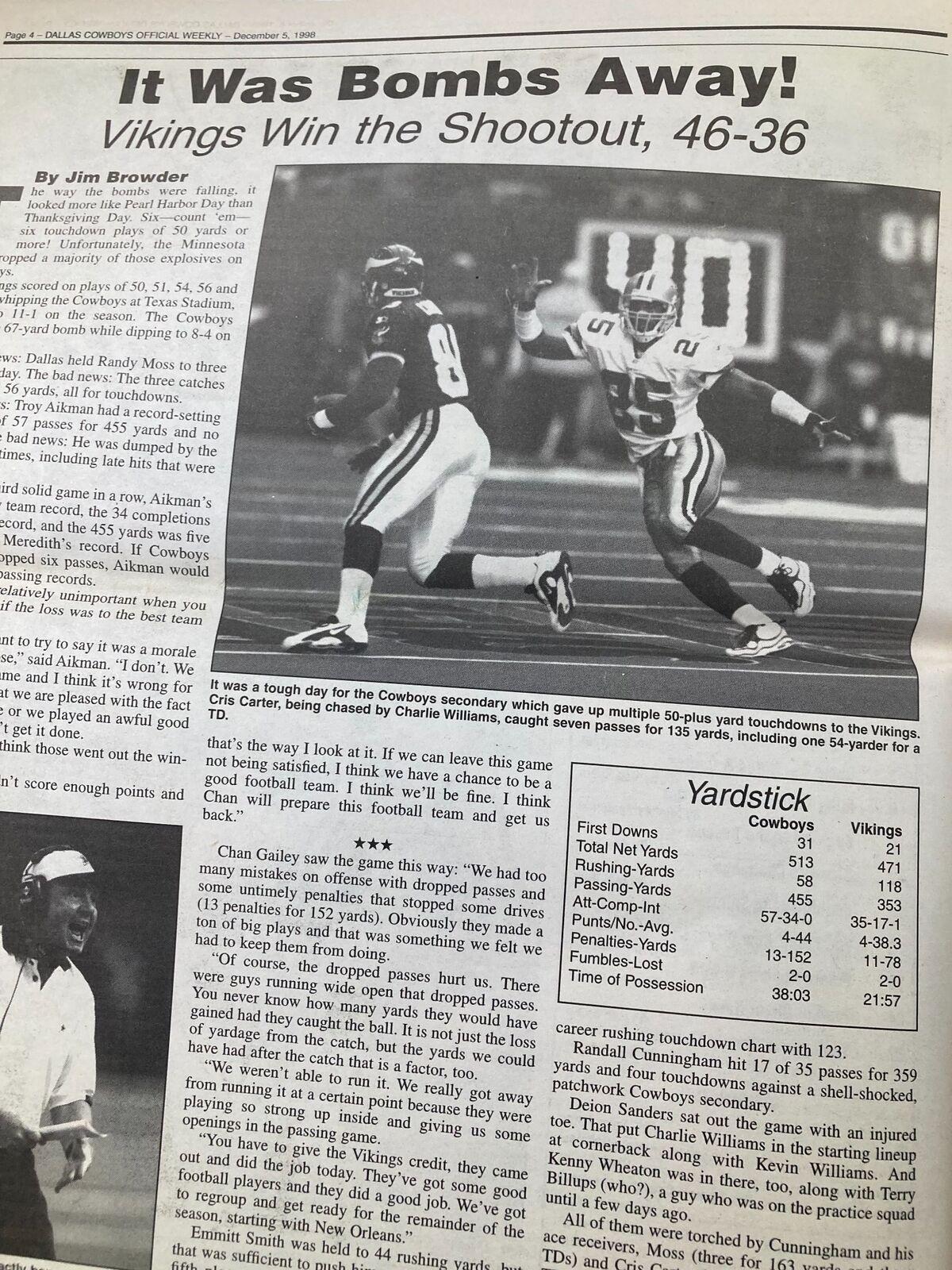 Detailed analysis page from the Dallas Cowboys Weekly Newspaper December 5 1998 Vol 24 #25 discussing the Cowboys' challenging game against the Vikings, featuring player statistics.