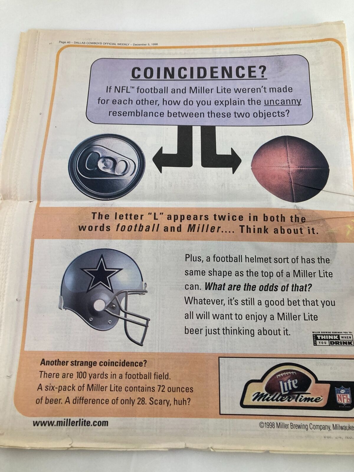Dallas Cowboys Weekly Newspaper December 5 1998 back cover illustrating a whimsical connection between NFL football and Miller Lite, showcasing a can and a football.
