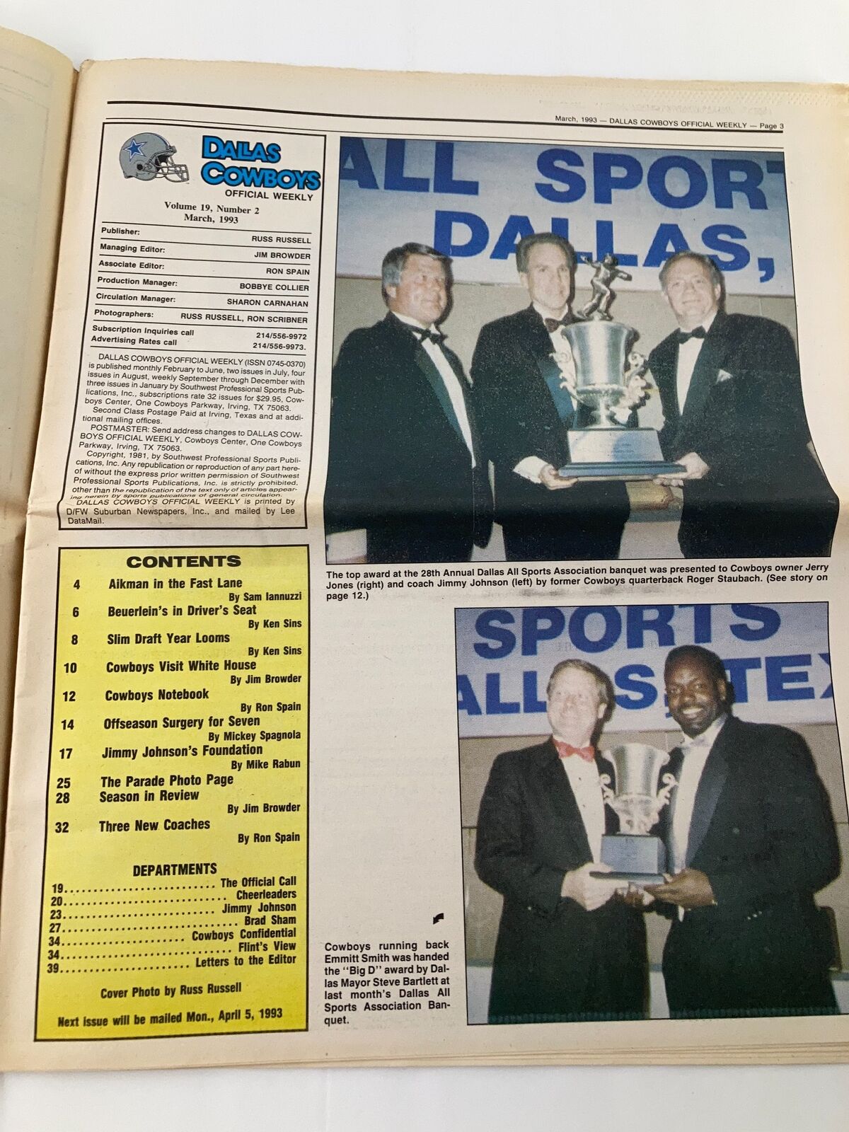 Inside page of Dallas Cowboys Weekly Newspaper March 1993 Vol 19 #2, showcasing the contents section with details about the Dallas Cowboys and sports awards.