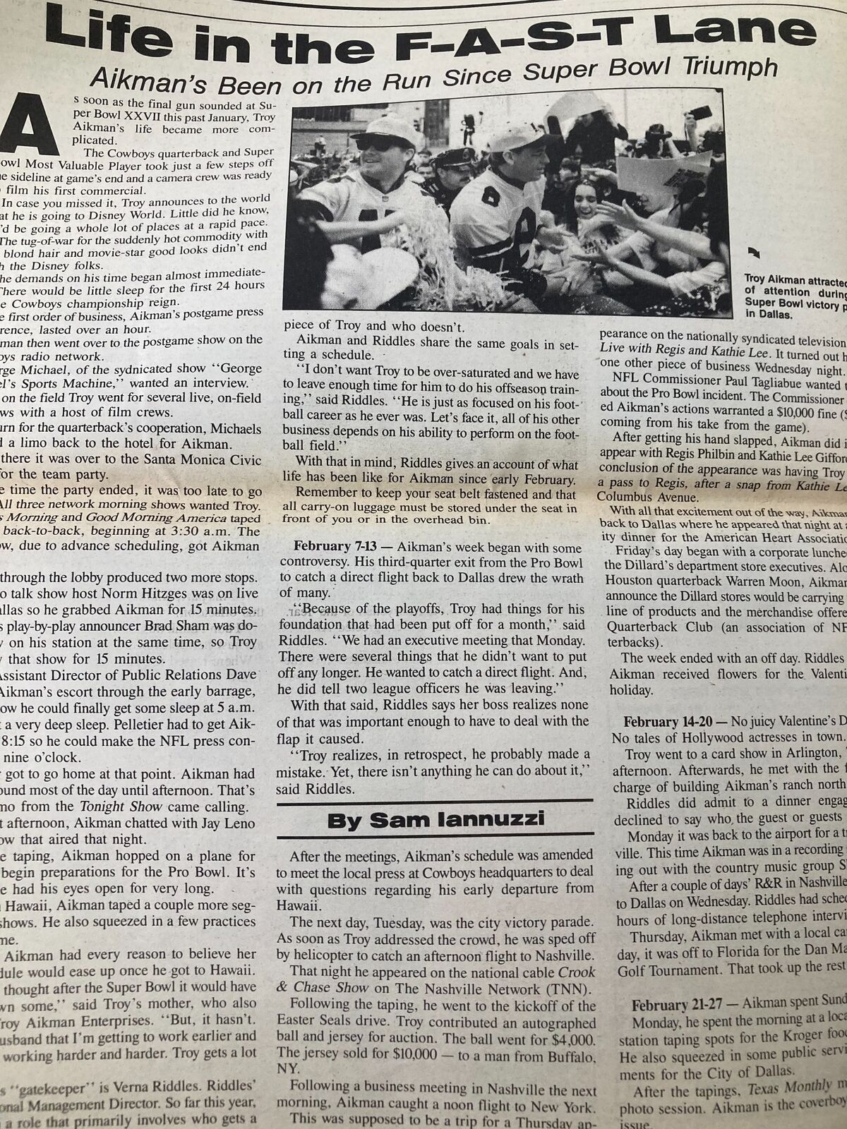 Article page titled 'Life in the F-A-S-T Lane' from Dallas Cowboys Weekly Newspaper March 1993 Vol 19 #2 discussing player news and updates in Cowboys football.