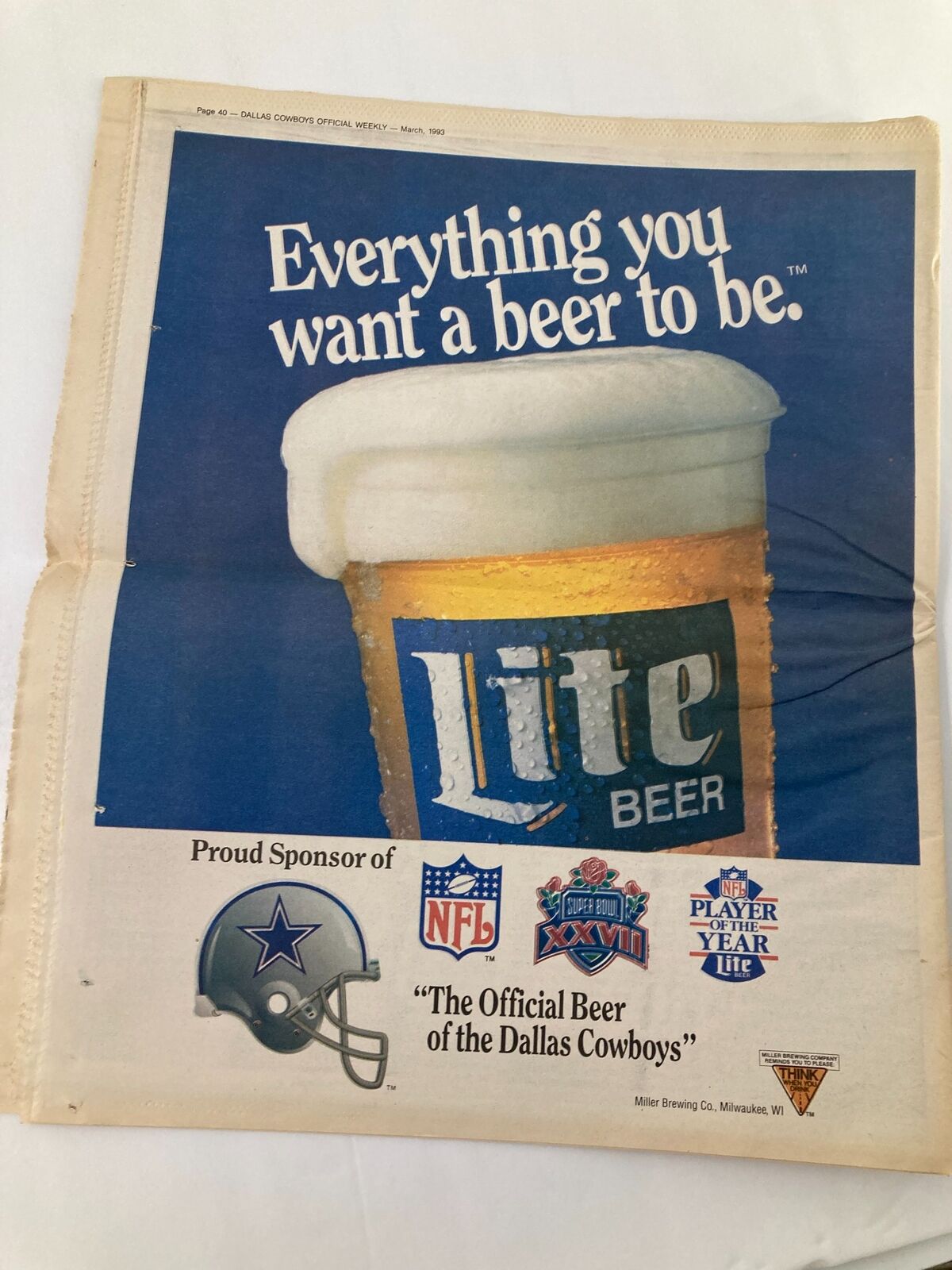 Dallas Cowboys Weekly Newspaper March 1993 Vol 19 #2 ad for Lite Beer, highlighting its sponsorship with the NFL and the Dallas Cowboys.