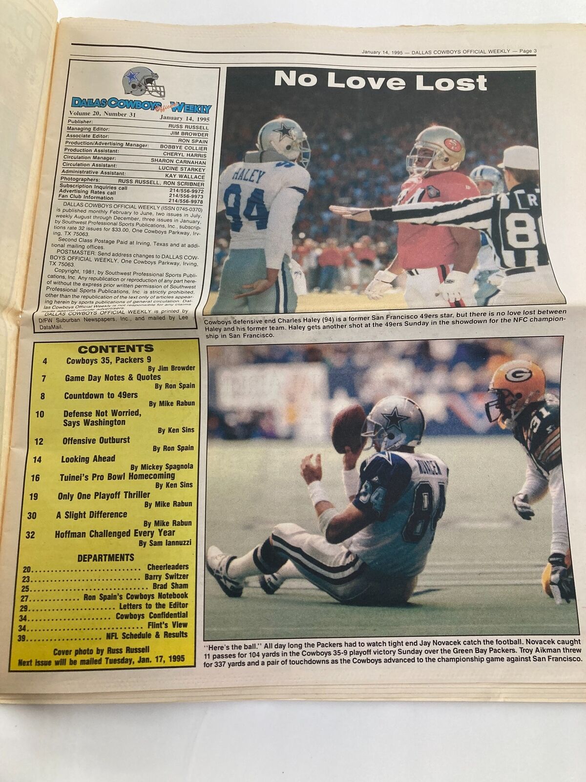 Dallas Cowboys Weekly Newspaper January 14 1995 Vol 20 #31 Troy Aikman - Image showing the contents page featuring players and highlights from the Cowboys vs. Packers game.