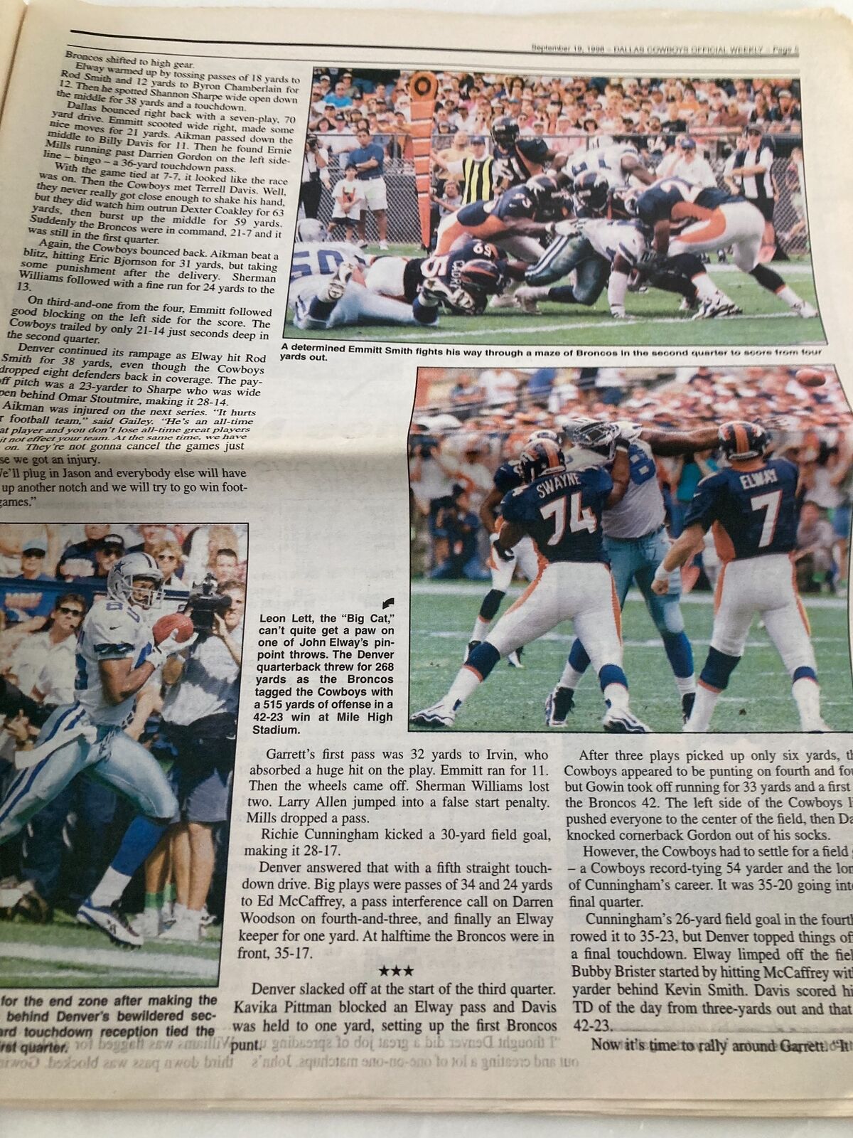 Sports highlights page from the Dallas Cowboys Weekly Newspaper September 19 1998 Vol 24 #14, showcasing the Broncos vs Cowboys game recap.