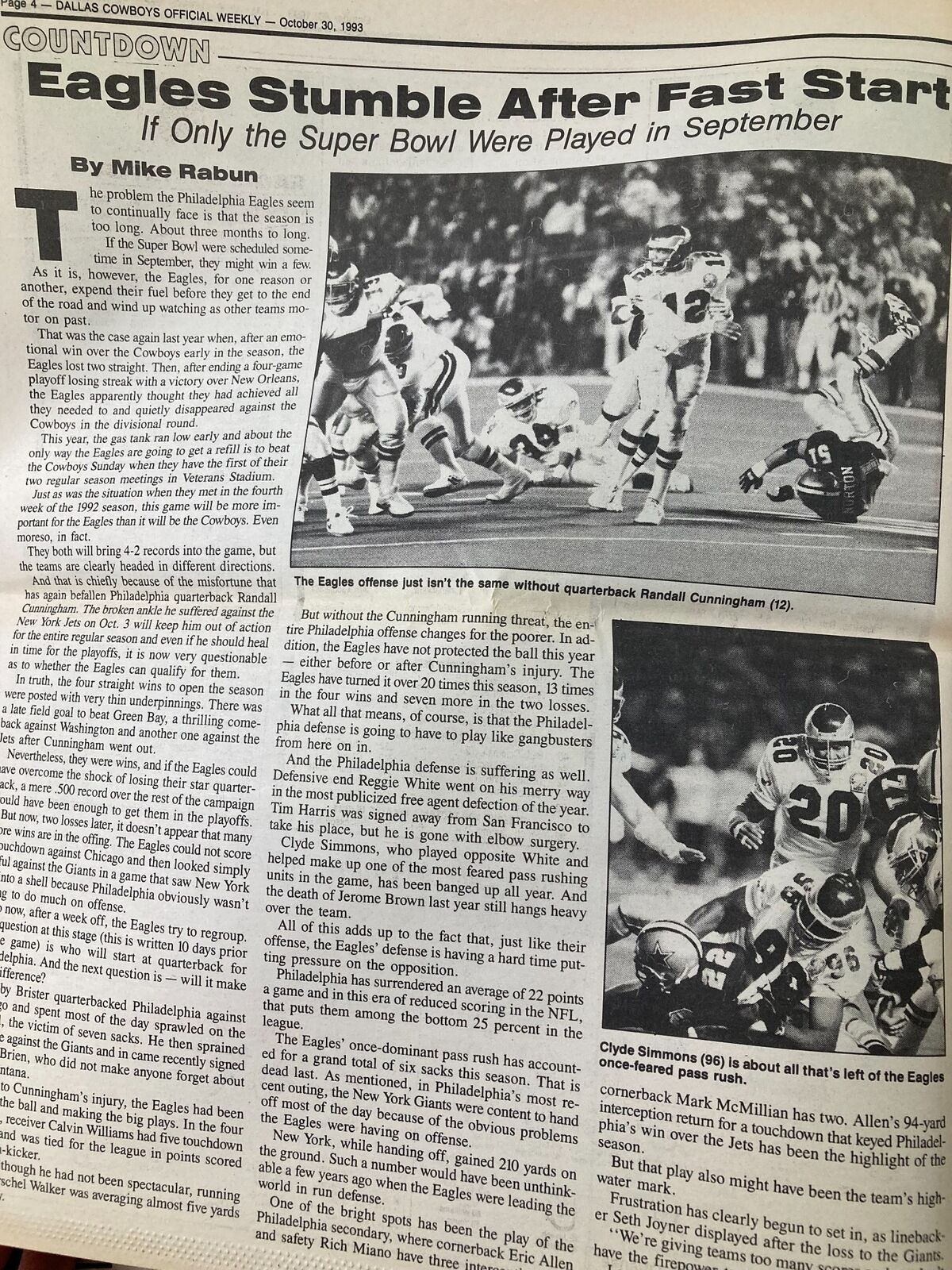 Dallas Cowboys Weekly Newspaper October 30 1993 Vol 19 #19 Charles Haley